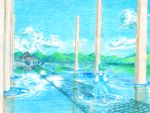 bad_id cloud colored_pencil_(medium) feconf from_behind hill kochiya_sanae lake long_skirt mountain pillar reflection scenery shrine skirt sky solo standing touhou traditional_media wading water