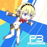  1girl aegis android arashiya blonde_hair blue_eyes bow headphones open_mouth outstretched_arms persona persona_3 short_hair solo title_drop 