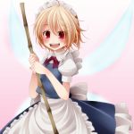  :d bamboo_broom blonde_hair blush broom bust fairy_maid highres maid_headdress open_mouth red_eyes s-syogo short_hair smile solo touhou wings 