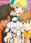  3boys aqua_eyes black_hair blonde_hair blue_eyes brown_hair closed_eyes eyes_closed fukuro_ooji green_eyes grin heroman heroman_(robot) joey_jones lina_davis matthew_denton multiple_boys open_mouth simon_kaina smile thumbs_up 