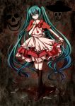  absurdres aqua_eyes aqua_hair bad_end_night_(vocaloid) dress finger_to_mouth hatsune_miku highres kneehighs knife loafers long_hair shoes skull smile solo twintails very_long_hair vocaloid wing_yin_sin wink 