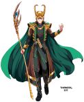  alternate_costume avengers black_hair cape helmet horns jungyun99 loki_(marvel) male marvel solo staff 