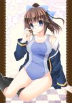  ameya_kirika blue_eyes blush brown_hair checkered checkered_floor competition_swimsuit glasses highres kikaijima_mogana medaka_box one-piece_swimsuit ponytail socks solo swimsuit 