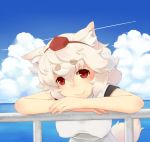  1girl animal_ears bare_arms blue_sky cloud clouds dog_ears face hat inubashiri_momiji leaning red_eyes short_hair silver_hair sky smile solo tokin_hat touhou white_hair 