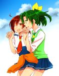  ;d cloud clouds green_eyes green_hair hino_akane midorikawa_nao multiple_girls open_mouth ponytail precure red_eyes red_hair redhead school_uniform short_hair sky sleeves_rolled_up smile smile_precure! sweater_around_waist sweater_vest wink yuu_(1197159) 