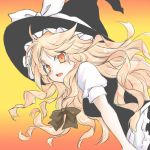  blonde_hair blush bow gradient gradient_background hair_bow hat hat_bow kirisame_marisa long_hair open_mouth orange_eyes shierutei solo touhou witch witch_hat 
