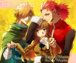  2boys archer_(fate/extra) assassin_(fate/extra) blush brown_eyes brown_hair cape chinese_clothes cloak eyeliner fate/extra fate_(series) female_protagonist_(fate/extra) food food_on_face green_eyes hair_over_one_eye hamburger long_hair makeup multiple_boys orange_hair ponytail red_eyes red_hair redhead routo school_uniform 