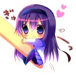  akemi_homura blush chibi chocolat_(momoiro_piano) fingers hairband heart hina_hina long_hair mahou_shoujo_madoka_magica minigirl purple_eyes purple_hair shirt skirt smile solo violet_eyes 