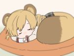  :&lt; animal_ears blonde_hair closed_eyes drill_hair drooling eyes_closed kemonomimi_mode mahou_shoujo_madoka_magica pillow raccoon_ears raccoon_tail sleeping soft_focus solo tail tomoe_mami torinone twin_drills 