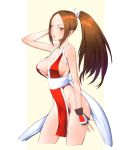  absurdres arm_up bare_shoulders blush breasts brown_eyes brown_hair cleavage delta5546 fatal_fury fingerless_gloves gloves highres japanese_clothes king_of_fighters large_breasts lips long_hair mound_of_venus ponytail shiranui_mai sideboob snk solo thighs 