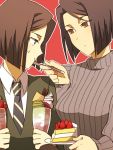  1girl black_hair bob_cut brown_eyes cake fate/zero fate_(series) feeding food fork green_eyes hisau_maiya look-alike parfait sato_lcb sweater waver_velvet 