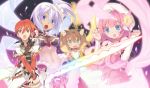  3girls :o agarest_senki_mariage animal_ears aqua_eyes blade_(lovewn) blush brown_hair cat_ears character_request detached_sleeves dress fang farsia_(agarest_senki) flower green_eyes hat hirano_katsuyuki kunka lavender_hair multiple_girls navel open_mouth paninya_(agarest_senki) pink_hair purple_eyes rain_(agarest_senki) red_eyes red_hair redhead sash sword violet_eyes weapon 