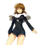  arnoul breasts brown_eyes brown_hair capelet cross cross_necklace dress fate/zero fate_(series) genderswap impossible_clothes impossible_dress jewelry kotomine_kirei necklace wavy_hair 