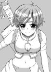  bad_id blush breasts cleavage cleavage_cutout gensou_suikoden gensou_suikoden_iv leaning_forward midriff mitsuba_(suikoden) monochrome nayunayunayu0001 short_hair smile sword weapon 