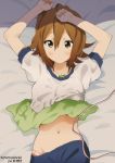  1girl \o/ alternate_hairstyle arms_up artist_name bed_sheet blush breast_padding brown_eyes brown_hair clothes hair_down k-on! lying midriff navel no_headwear on_back outstretched_arms panties shirt short_hair smile solo striped striped_panties tainaka_ritsu tape_measure track_pants underwear yamasaki_wataru 