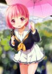  blush holding mole original pink_eyes pink_hair rain sakuro school_uniform skirt solo umbrella 