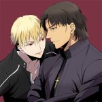  2boys ao_(sodalite) blonde_hair brown_hair cross cross_necklace fate/stay_night fate_(series) gilgamesh jewelry kotomine_kirei multiple_boys necklace red_eyes 