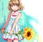  1girl blonde_hair blue_eyes bow bracelet dress flower hairband jewelry looking_at_viewer necklace open_mouth original outdoors short_hair sleeveless smile solo standing sunflower tan_(tangent) white_dress 