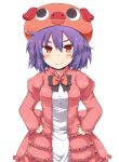  blush dress hands_on_hips hat original purple_hair red_eyes rock_heart simple_background smile solo white_background 