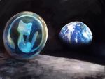  alternate_color black_background blue_eyes blue_skin bubble creature earth floating from_behind mew moon no_humans planet pokemon pokemon_(creature) purplekecleon shiny_pokemon solo space 