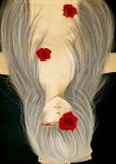  black_background covering_one_eye flower fujiwara_no_mokou grey_hair long_hair nude rose solo touhou towarou upside-down 