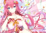  :o aqua_eyes blue_eyes bracelet breasts bust female fingernails fingers_together flower front-tie_top hair_flower hair_ornament hairband jewelry leaf long_hair manyako_(mohumohu) megurine_luka midriff nail_polish navel open_mouth pink_hair ribbon solo tied_shirt very_long_hair vocaloid 