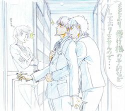  /\/\/\ 3boys =_= blush colored_pencil_(medium) facial_hair fate/zero fate_(series) formal gilgamesh goatee hug hug_from_behind jewelry jin_no_himitu kotomine_kirei multiple_boys necklace parody saber sexy_commando_gaiden:_sugoiyo!_masaru-san spoilers suit tohsaka_tokiomi toosaka_tokiomi traditional_media 