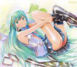  adjusting_thighhigh boots green_eyes green_hair hatsune_miku headphones headphones_around_neck legs long_hair mayo_riyo mouth_hold necktie open_clothes open_shirt putting_on_shoes skirt solo spring_onion thigh-highs thigh_boots thighhighs very_long_hair vocaloid 