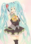  aqua_eyes aqua_hair bouquet bow character_name detached_sleeves flower hair_bow hatsune_miku headset holding long_hair musical_note open_mouth petticoat riku_manoue skirt solo thigh-highs thighhighs twintails very_long_hair vocaloid 