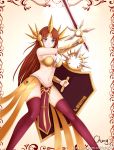  absurdres armor bikini_armor blue_eyes breasts brown_hair character_name cheng cleavage ear_protection forehead_protector highres league_of_legends leona_(league_of_legends) long_hair navel shield signature solo sword thigh-highs thighhighs weapon 