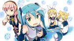  &gt;_&lt; 3girls :d arieko arm_warmers bare_shoulders blonde_hair blue_hair blush detached_sleeves green_eyes hair_ornament hairband hairclip hatsune_miku headphones highres holding kagamine_len kagamine_rin leg_warmers long_hair looking_at_viewer megurine_luka microphone multiple_girls nail_polish open_mouth pink_hair sitting smile snowflakes sweatdrop twintails vocaloid wallpaper wariza xd 