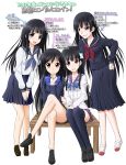  accel_world black_hair black_legwear bow chitanda_eru crossed_legs crossover highres hime_cut hyouka kanoe_yuuko kuroyukihime long_hair look-alike multiple_girls no_legwear partially_translated pikota_(picot) sanka_rea sankarea school_uniform season_connection serafuku sitting tasogare_otome_x_amnesia thigh-highs thighhighs translation_request uwabaki 