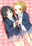  2girls absurdres akiyama_mio black_eyes black_hair brown_eyes brown_hair heart heart_hands heart_hands_duo highres k-on! long_hair multiple_girls short_hair simple_background sorakaze_kyouka tainaka_ritsu 