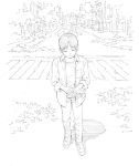  1boy city closed_eyes crosswalk eyes_closed male monochrome open_clothes open_shirt original overgrown pants road shoes sketch sleeves_folded_up solo standing street tree undershirt yoshitomi_akihito 