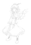  absurdres book boots eho_(icbm) head_wings highres horns lineart looking_at_viewer monochrome short_hair smile solo tokiko tokiko_(touhou) touhou transparent_background wings 