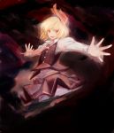  ascot blonde_hair darkness dearmybrothers fang hair_ribbon highres looking_at_viewer open_mouth outstretched_arms red_eyes ribbon rumia shirt short_hair skirt skirt_set smile solo touhou vest youkai 