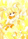  alternate_costume alternate_hairstyle blonde_hair boots breasts cleavage cure_peace detached_collar detached_sleeves kise_yayoi long_hair magical_girl precure seleb629 skirt smile_precure! solo star starry_background thigh-highs thighhighs twintails v yellow yellow_background yellow_eyes yellow_legwear yuiyuimoe 