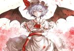  1girl ascot bat_wings blue_hair brooch dress gloves hat jewelry kozou_(soumuden) red_eyes red_gloves remilia_scarlet short_hair smile solo touhou white_dress wings 