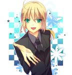  ahoge fate/zero fate_(series) formal green_eyes katakonpe long_hair looking_at_viewer necktie open_mouth outstretched_hand pant_suit ponytail pov pov_eye_contact saber solo suit 