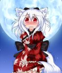  alternate_costume animal_ears blush breasts hands_in_sleeves inu_rasen inubashiri_momiji japanese_clothes kimono long_hair moon no_hat no_headwear obi red_eyes silver_hair solo tail touhou trembling wolf_ears wolf_tail 