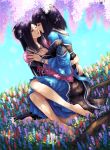  appleseed_(pixiv) bare_legs barefoot black_hair character_request closed_eyes copyright_request dress eyes_closed flower flower_field grass hug incipient_kiss long_hair multiple_girls mutual_yuri shade sitting tree yuri 