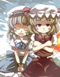  blonde_hair braid brown_eyes closed_eyes commentary commentary_request crossed_arms eyes_closed flandre_scarlet gaoo_(frpjx283) grey_hair hat highres izayoi_sakuya multiple_girls short_hair skirt touhou wrist_ribbon 