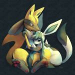  between_legs black_background couple eyelashes full_body glaceon highres hug lucario no_humans pokemon pokemon_(creature) purplekecleon red_eyes shiny_pokemon signature sitting smile 