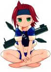  1girl bachera barefoot buckle copyright_request feet green_eyes headband highres indian_style jacket light_smile midriff navel red_hair redhead rocket_launcher short_hair shorts simple_background sitting solo weapon white_background 