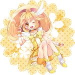  ;d bike_shorts blonde_hair boots bowtie brooch choker cure_peace dress jewelry kise_yayoi long_hair magical_girl mikippa open_mouth precure shorts_under_skirt skirt smile smile_precure! solo v wink yellow yellow_background yellow_dress yellow_eyes 