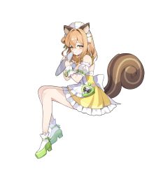  1girl absurdres animal_ears apron black_survival closed_mouth commentary_request detached_sleeves dress eternal_return:_black_survival full_body high_heels highres holding invisible_chair korean_commentary looking_at_viewer maid maid_headdress sitting squirrel_ears squirrel_tail tail tia_(black_survival) waitress wang0424 white_background yellow_dress yellow_eyes 
