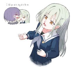  2girls absurdres bang_dream! bang_dream!_it's_mygo!!!!! blood blue_shirt blue_skirt chain's commentary english_commentary english_text green_hair grey_neckerchief hair_ornament hairclip highres long_hair long_sleeves multiple_girls neckerchief nosebleed pleated_skirt purple_hair school_uniform shirt short_hair simple_background skirt tsukinomori_school_uniform wakaba_mutsumi white_background yuutenji_nyamu 