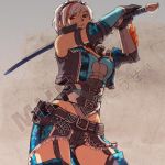  belt elbow_gloves gloves headband liduke midriff monster_hunter mound_of_venus red_eyes simple_background solo sword thigh-highs thighhighs title_drop vest weapon white_hair 