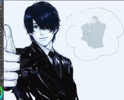  1boy art_program_in_frame chainsaw_man closed_mouth dress_shirt ear_piercing greyscale hair_over_one_eye jacket looking_at_viewer male_focus monochrome multiple_piercings necktie piercing shirt short_hair simple_background solo speech_bubble straight-on suit suit_jacket th3kph0enix thought_bubble thumbs_up upper_body white_background yoshida_hirofumi 