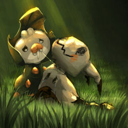  absurdres commentary crying crying_with_eyes_open english_commentary fangs friedunicornstudio grass highres mimikyu no_humans outdoors pokemon pokemon_(creature) pokemon_focus sewaddle sewing silk streaming_tears tears twitter_username 